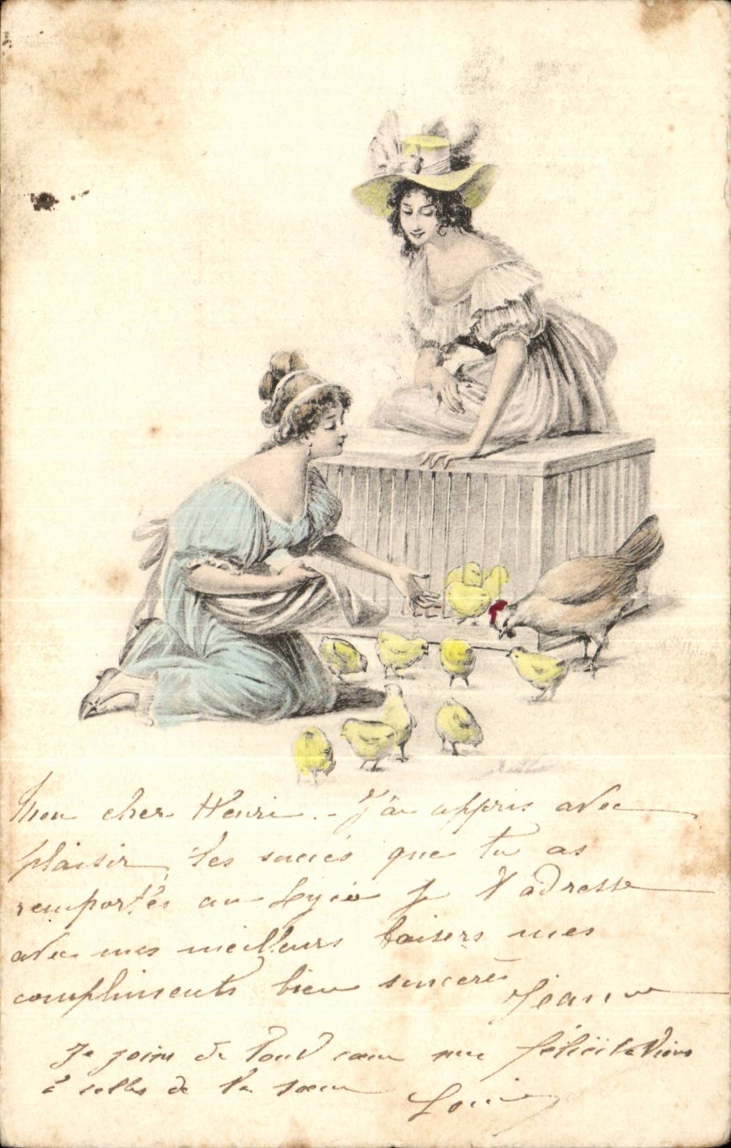 Fantasy - Woman - Woman - Elegant women feeding birds - CPA