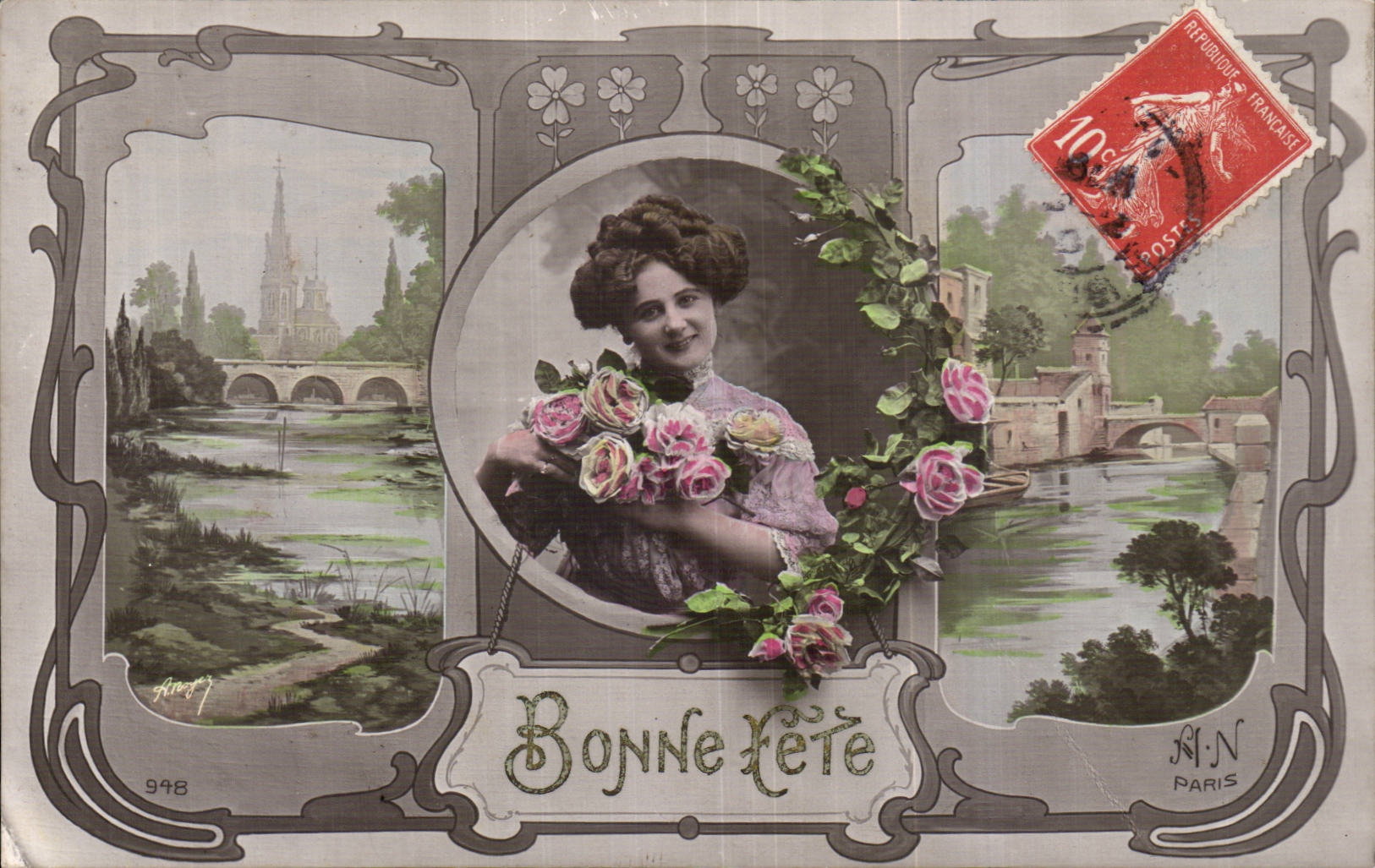 Fantasy - Woman - Woman with rosy bouquet - CPA