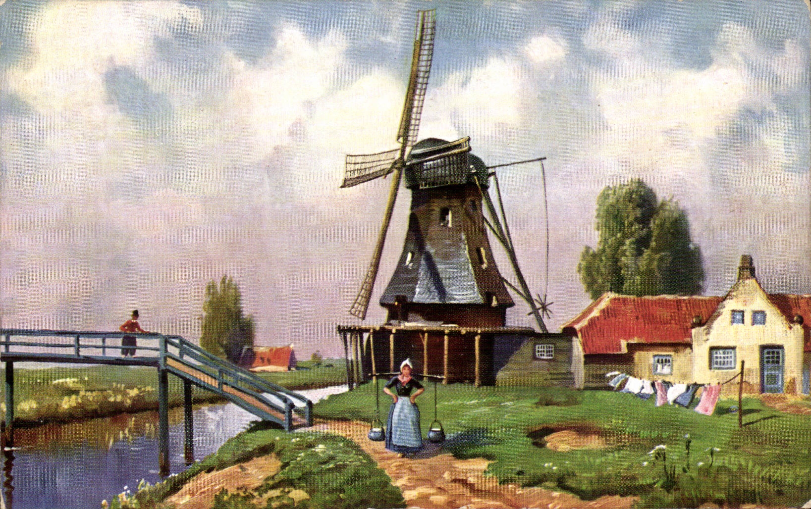 CPA Fantaisie Paysage Moulin Windmill