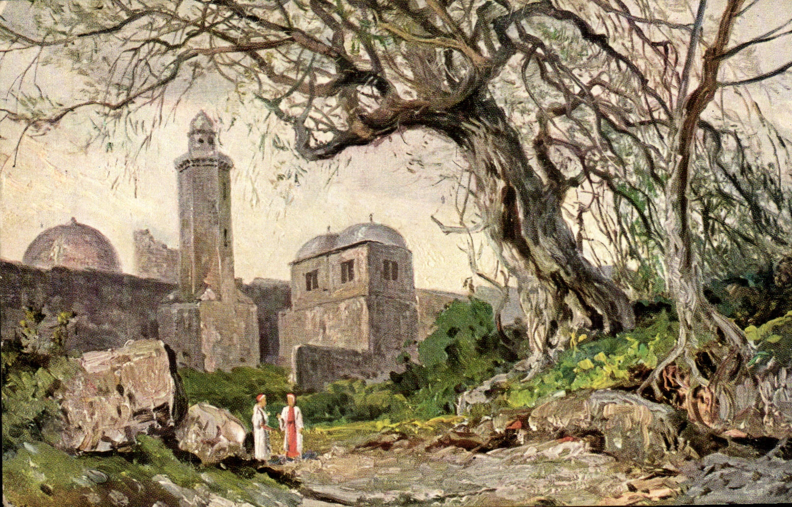 Arts - Tableau - Pretty Country Scene - Domed Buildings CPA 