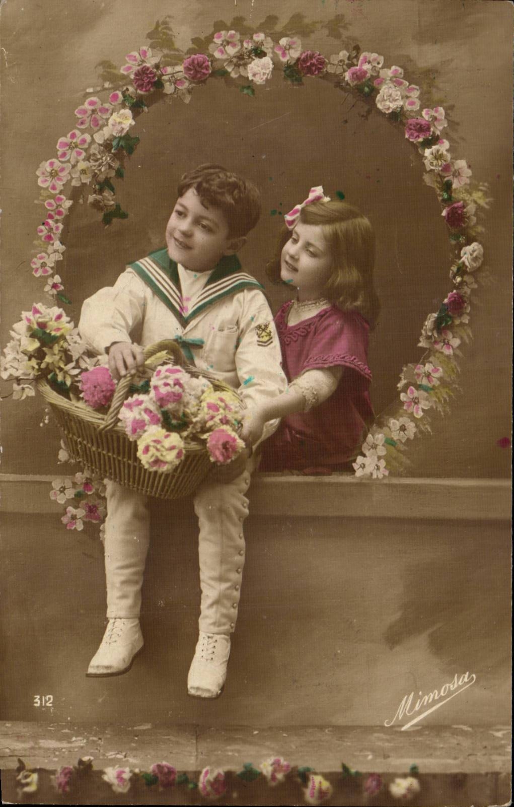 Fantasy - Children framed by flowers - Little servant boy in sailor follows - CPA