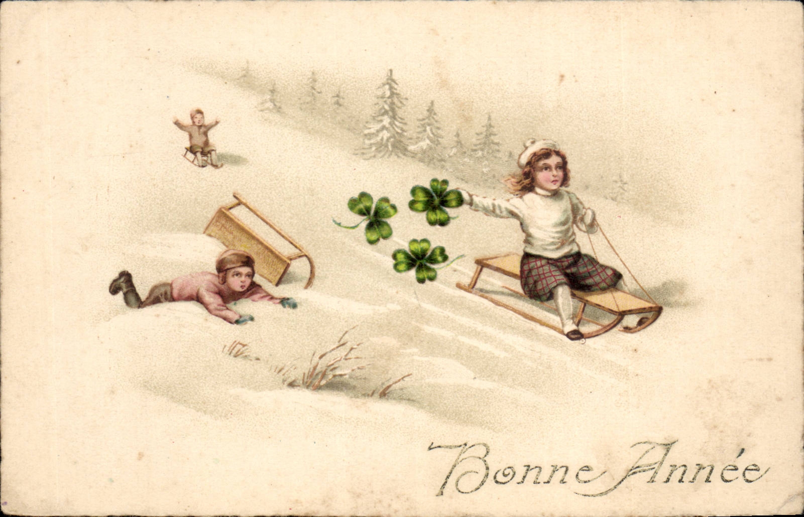 Fetes - Bonne Annee - trefle - luge - four leaf clover - sled - sport d'hiver - CPA
