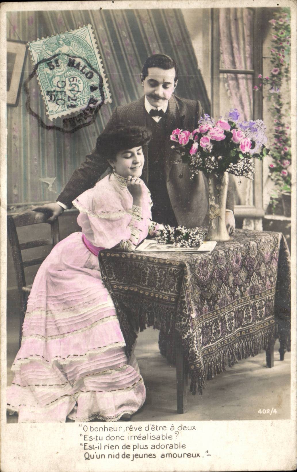 Fantaisie - Couple - Surprised with flowers CPA 