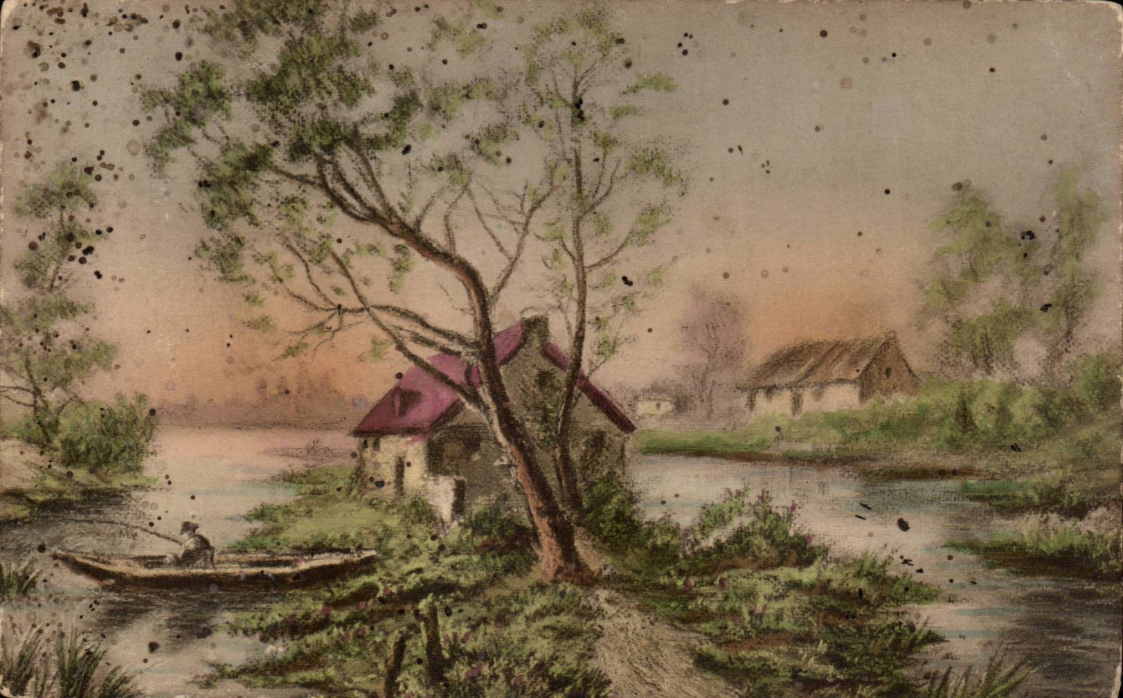 Arts - Tableaux - Cute Country Scene - fishing - la peche CPA 