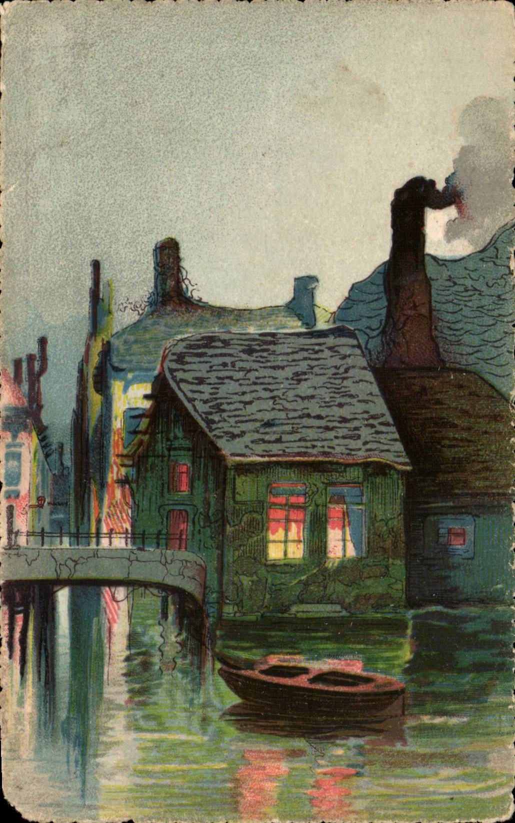 Arts - Tableaux - Cute Country house - bateau - boat CPA 