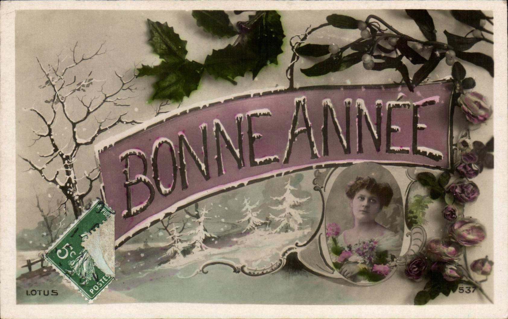 Festivals - Happy New Year - Woman - houx - holly - CPA