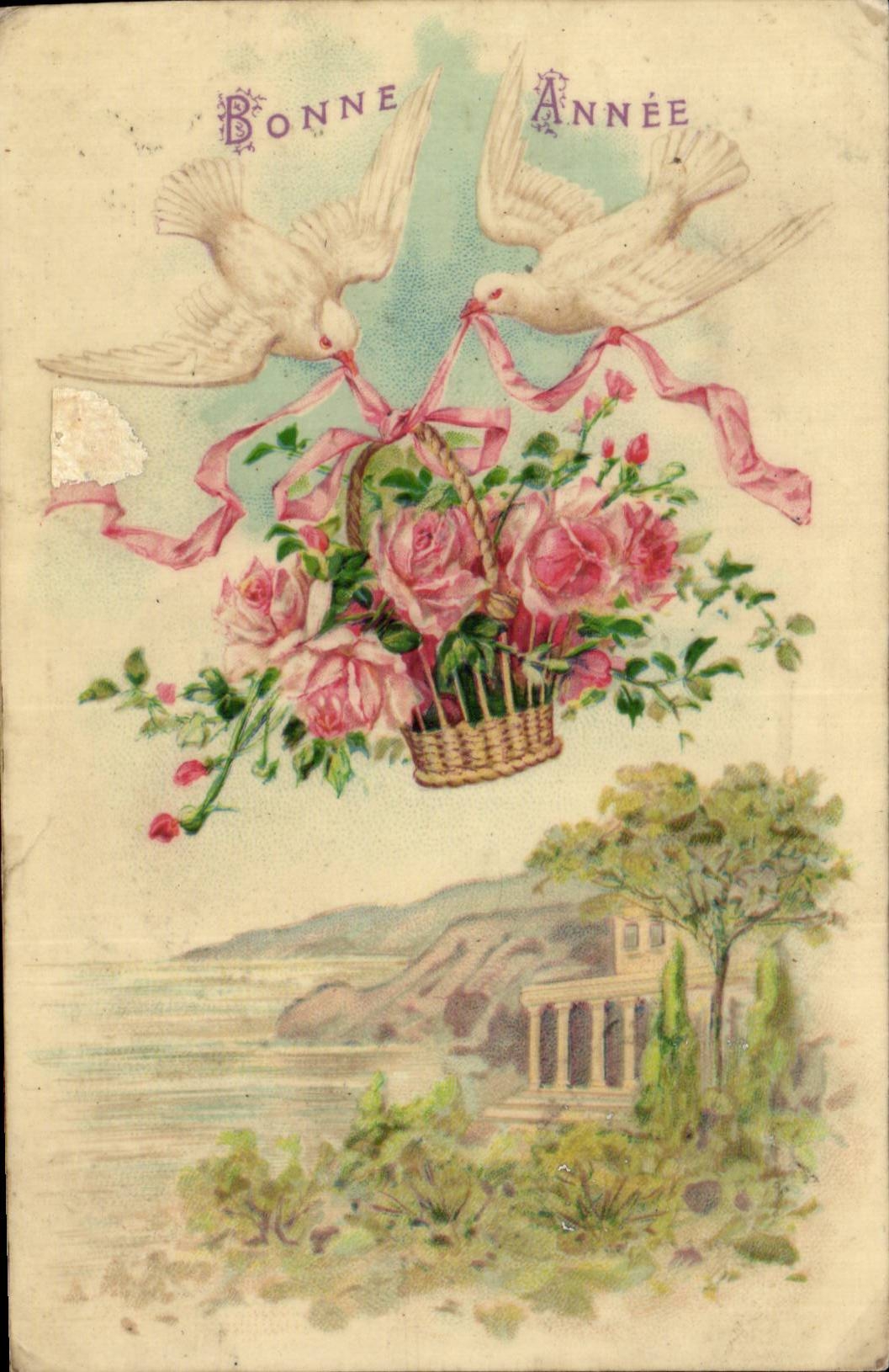 CPA Fantaise Flowers and Colombes Happy New Year