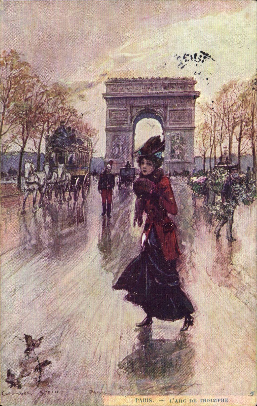 CPA Paris Jeune femme sur les Champs Elysees Arc de triomphe