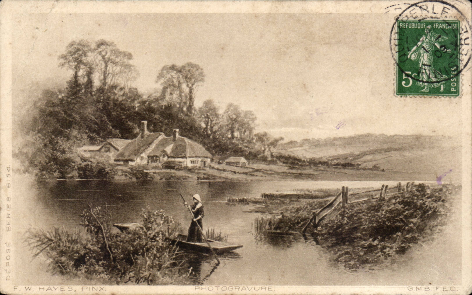 CPA Fantaisie Hayes paysage Femme en barque