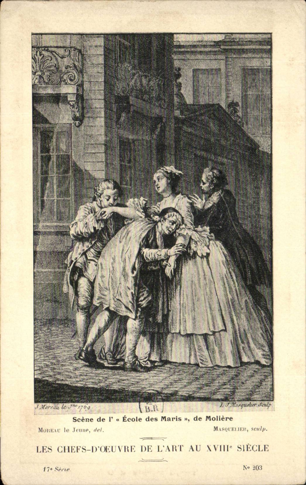 CPA Fantaisie Les chefs d'oeuvre de l'art au 18eme Scene de l'ecole des Maris de moliere