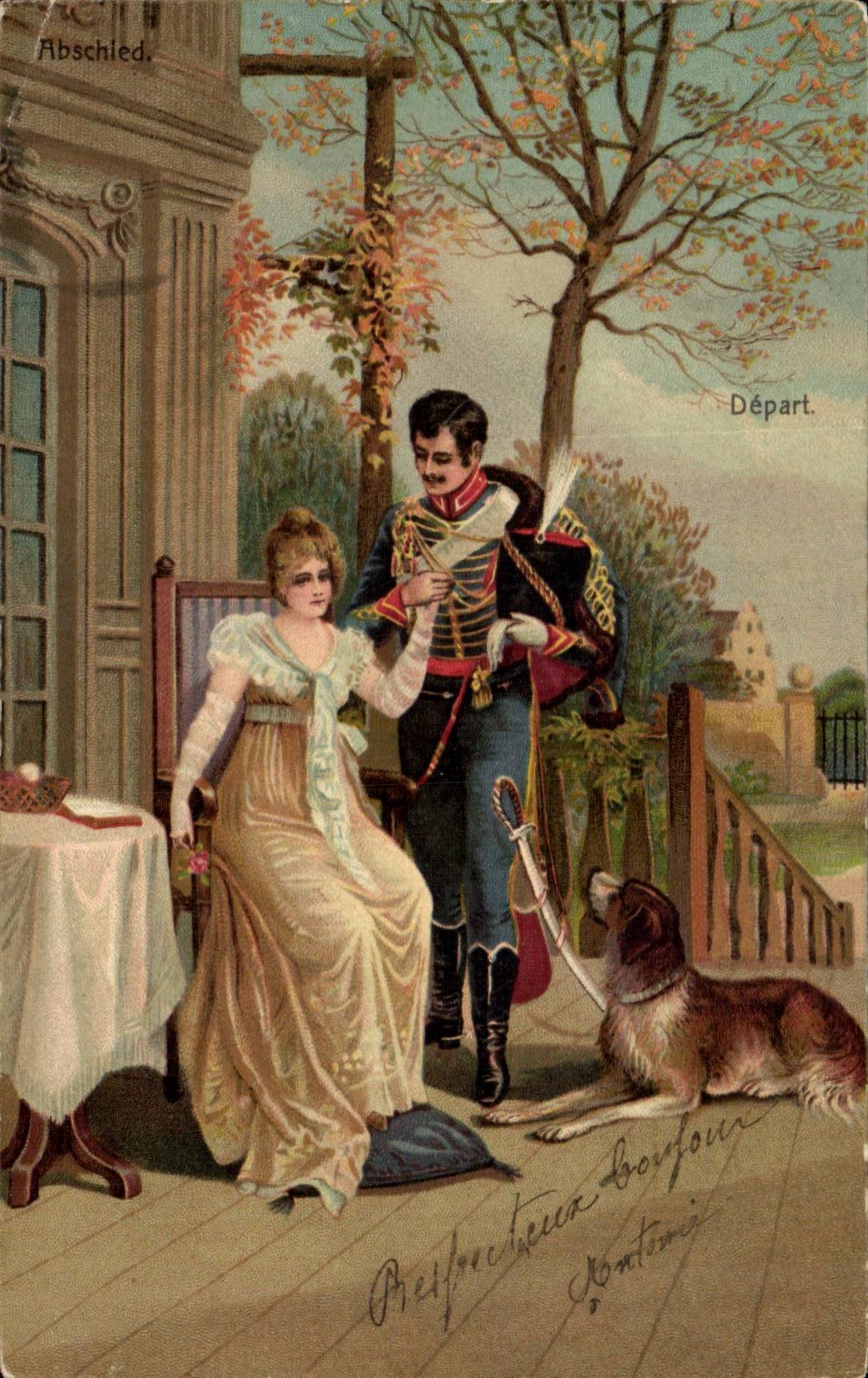 CPA Phantasiefrau und -soldat im konstanten Hundehund