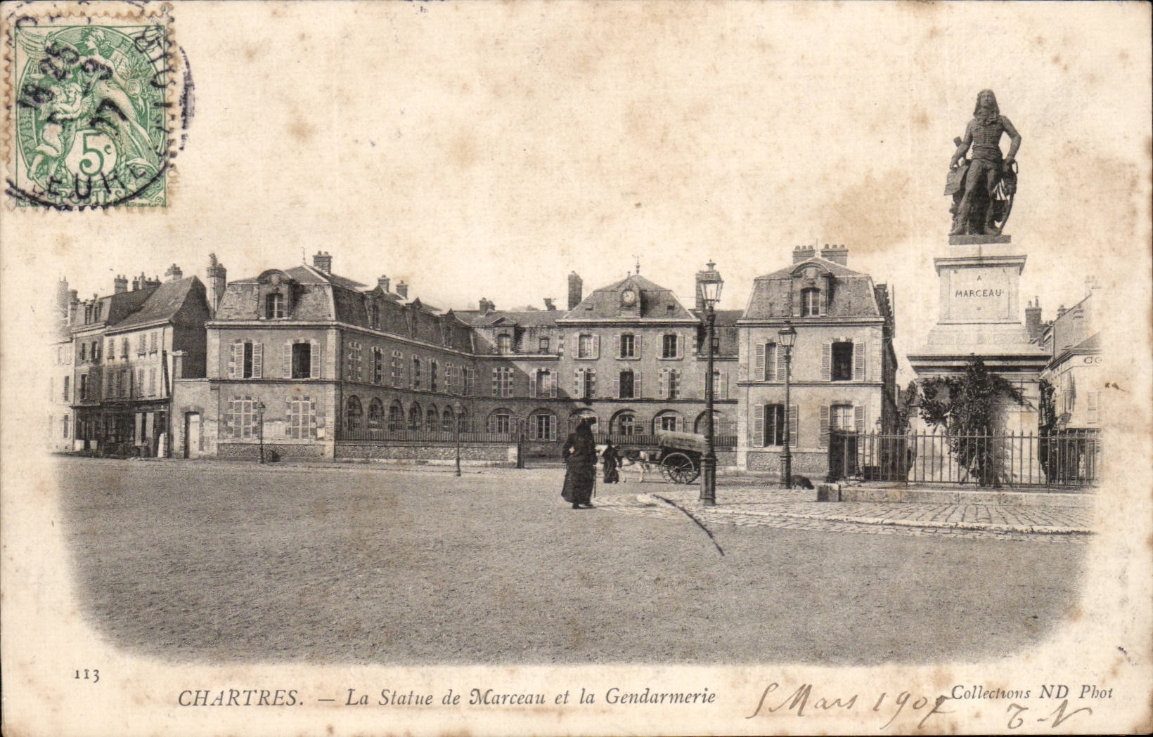 Chartres CPA Statue of Marceau and gendarmerie