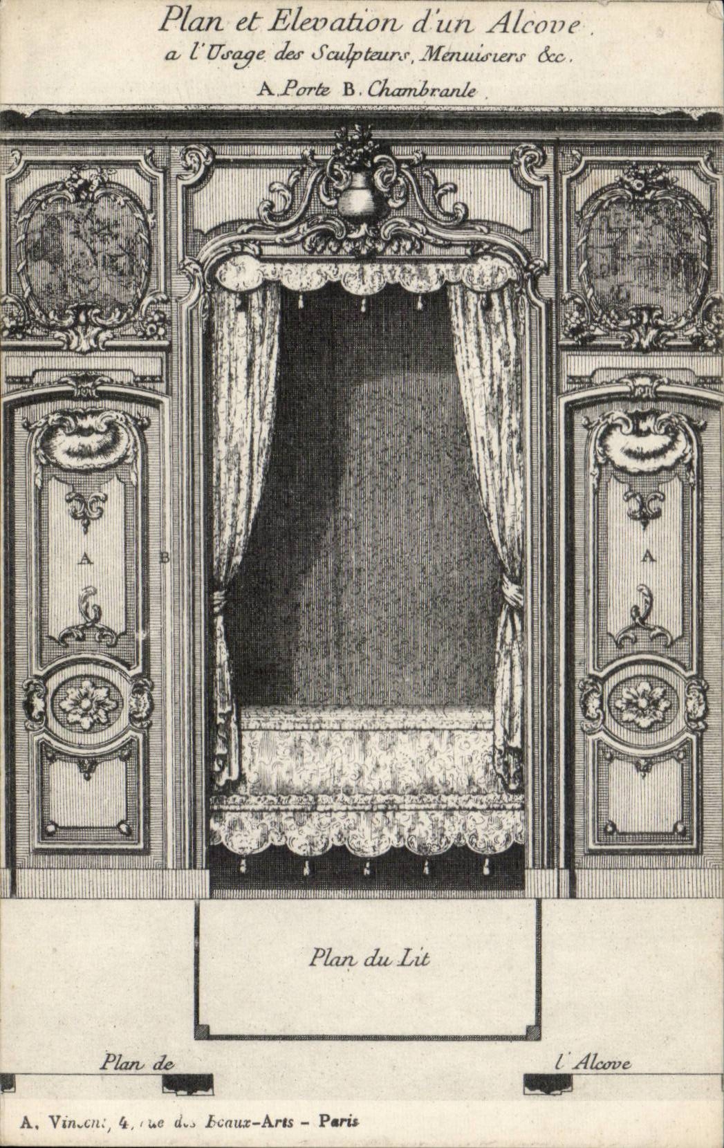 Paris CPA plan et elevation d'un alcove Plan du lit Rue des Beaux Arts