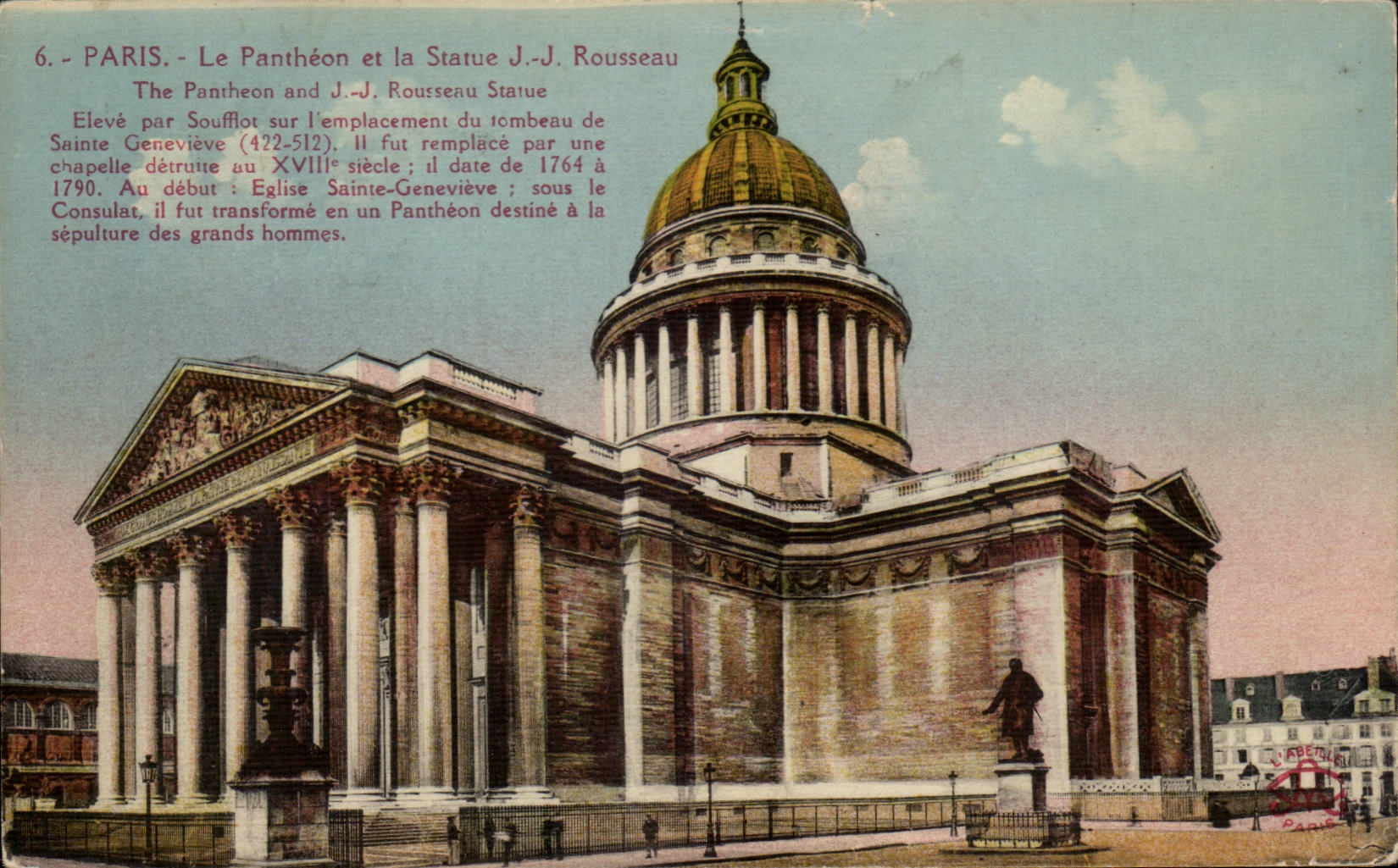 Paris CPA Pantheon et la statue de JJ Rousseau
