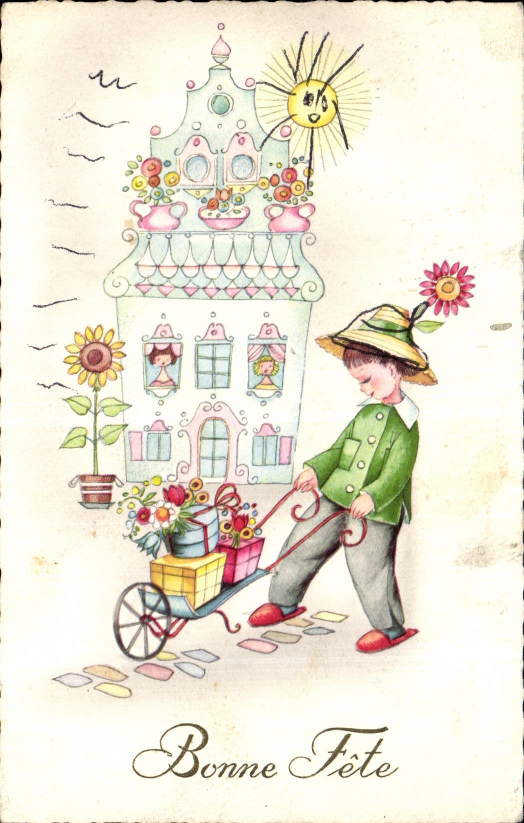 CPA Fantasy Child and Bonne wheelbarrow celebrates