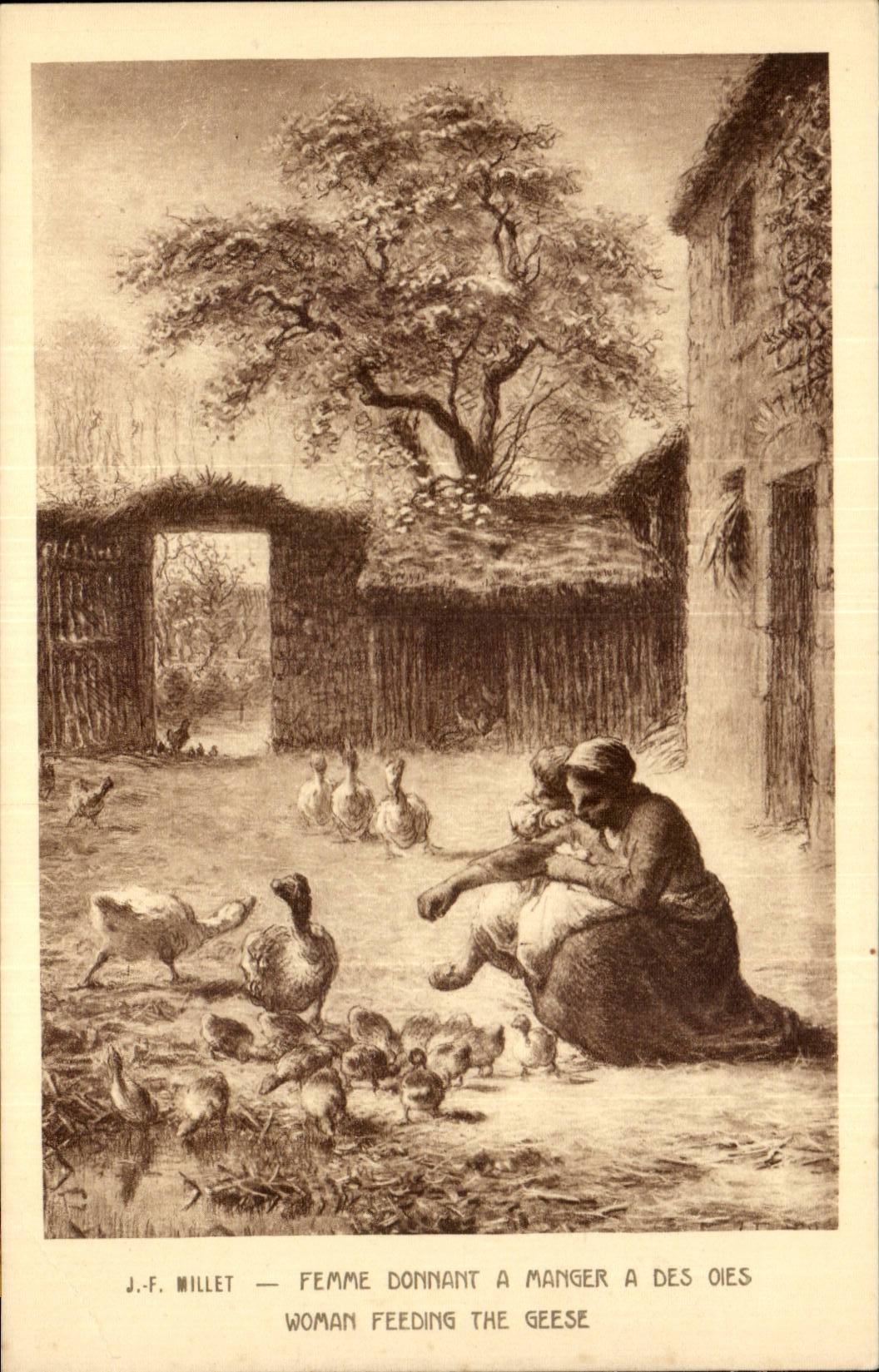 CPA Millet Femme donnant a manger a des oies 