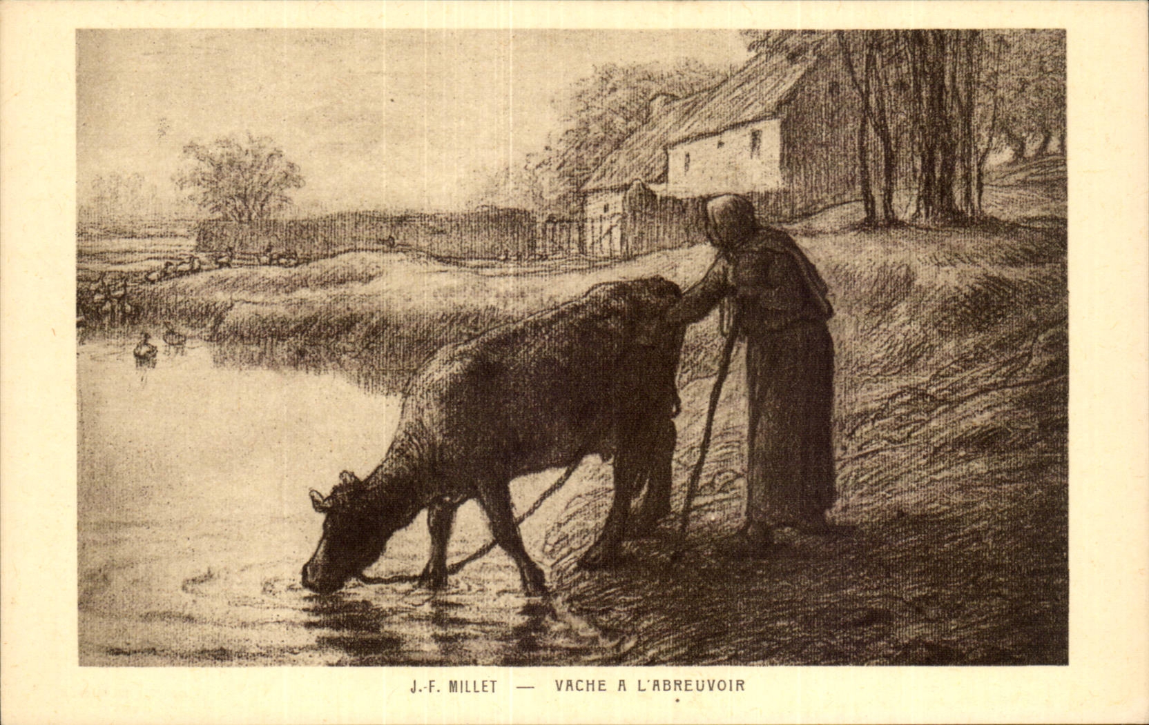 CPA Fantaisie Millet Vache a l'abreuvoir