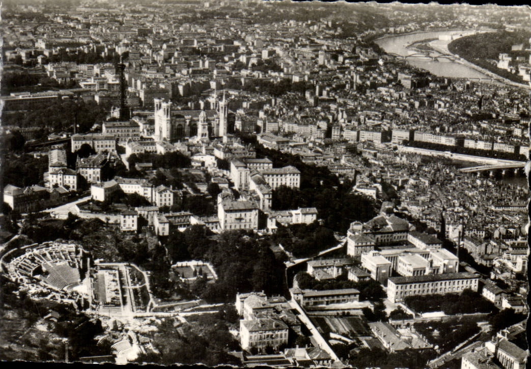 MODERN CARD Lyon Roman theaters of Fourviere the basilica the Saone and the Rhone
