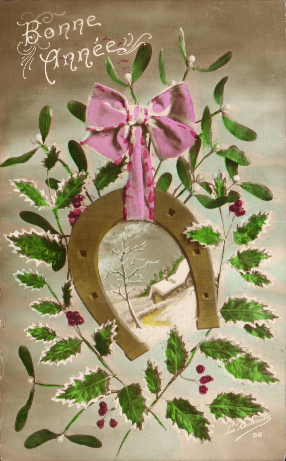 CPA Fantasy Happy New Year Flowers Horseshoe