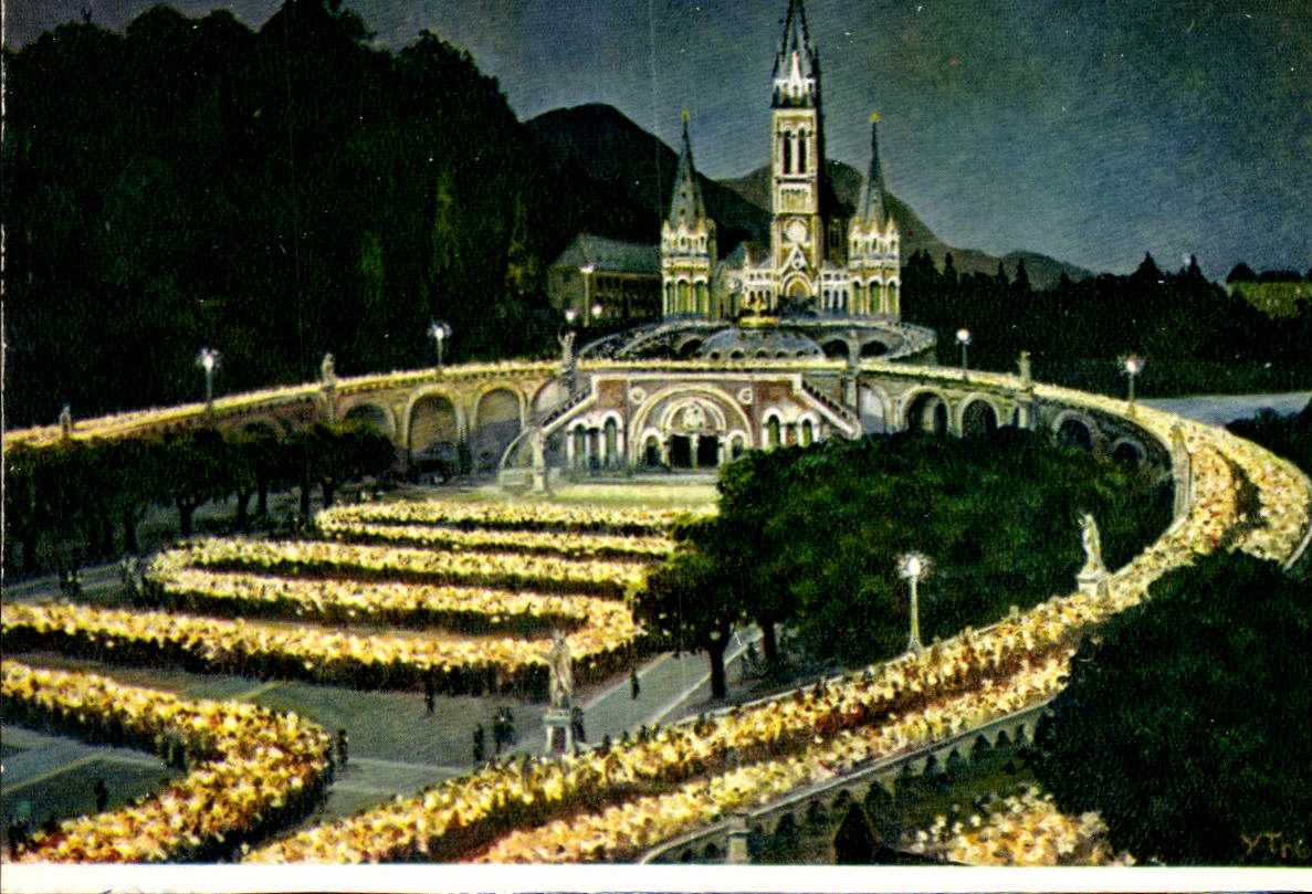 Lourdes CPA the basilica illuminee and the procession with the torch