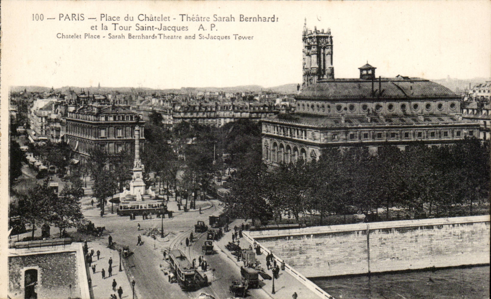Paris CPA Place du Chatelet Theatre Srah Bernhardt et tout Saint Jacques