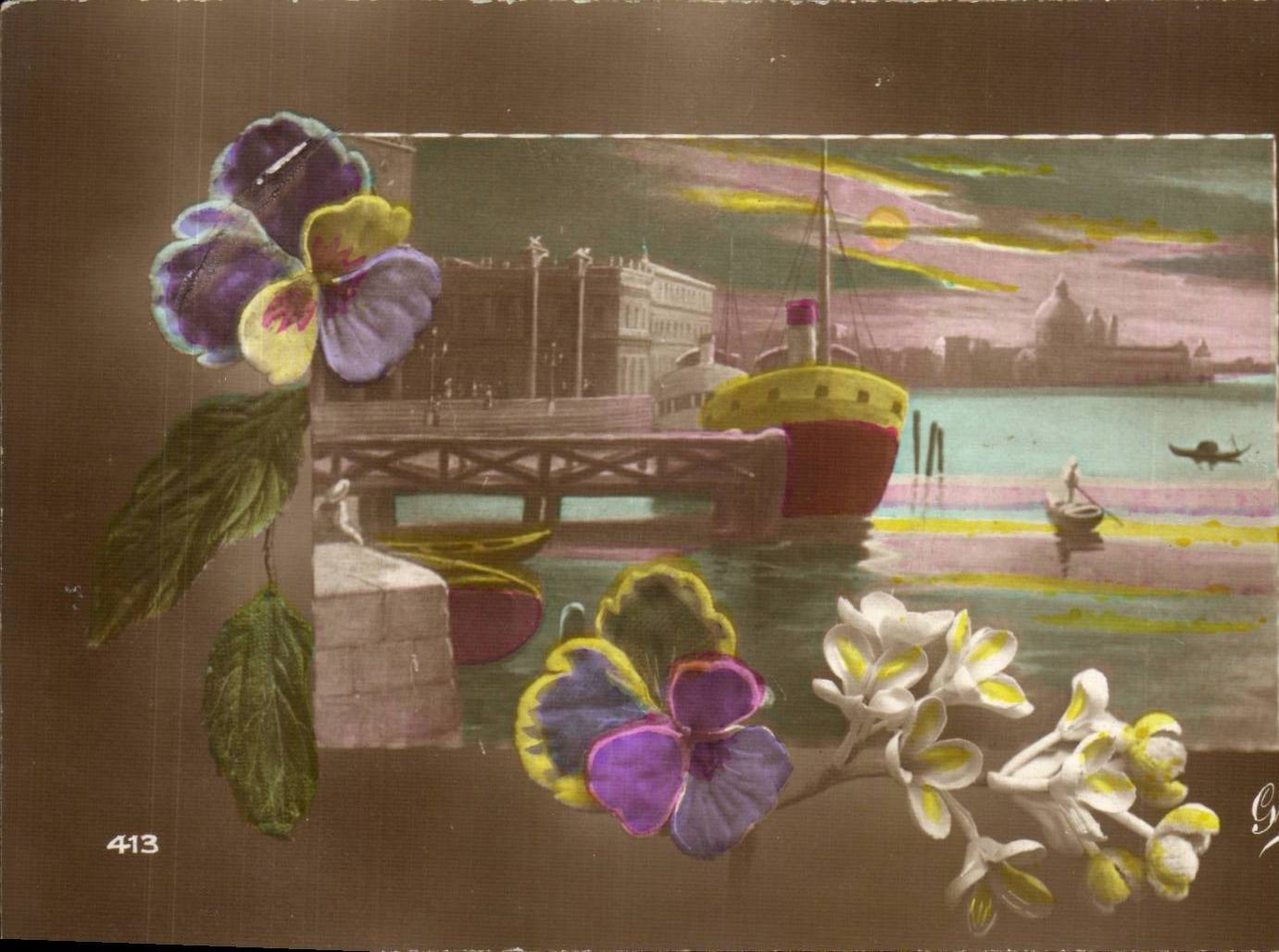 CPA Fantasy Flowers Venice Boat