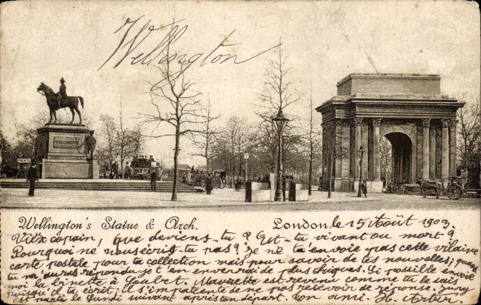 CPA London london WEllington' S Statue & church