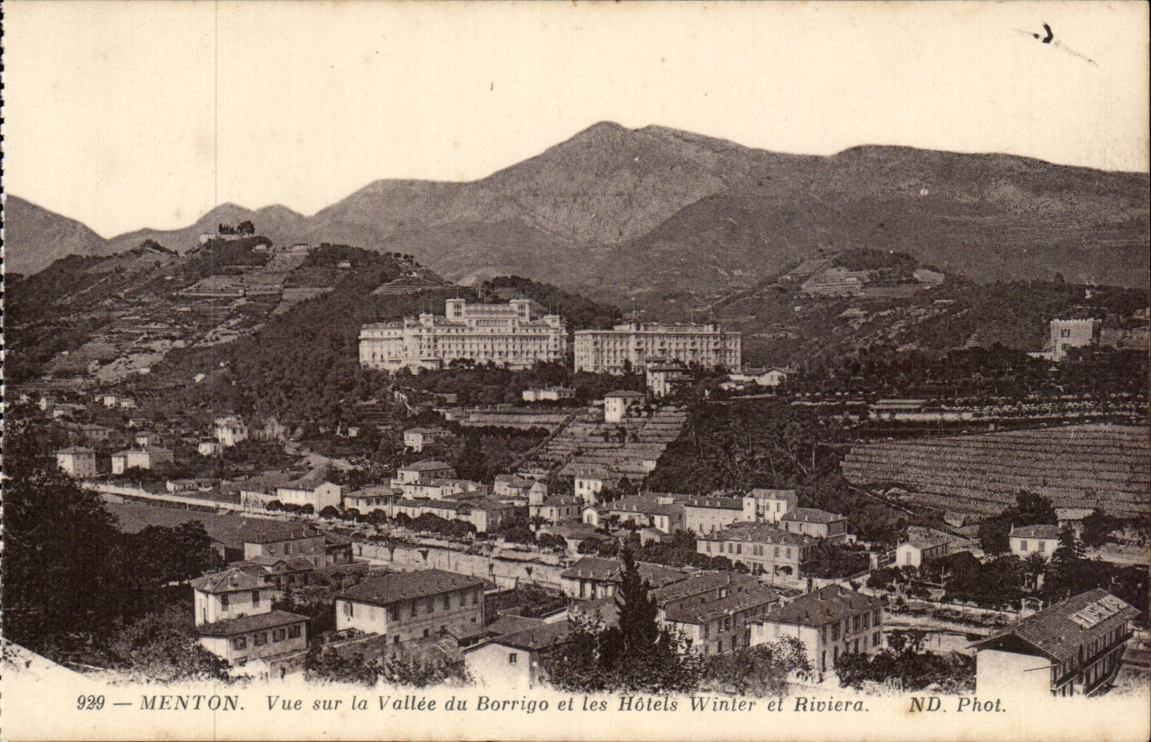 Menton CPA Seen on the valley of Borrigo and the hotels Winter and Riviero