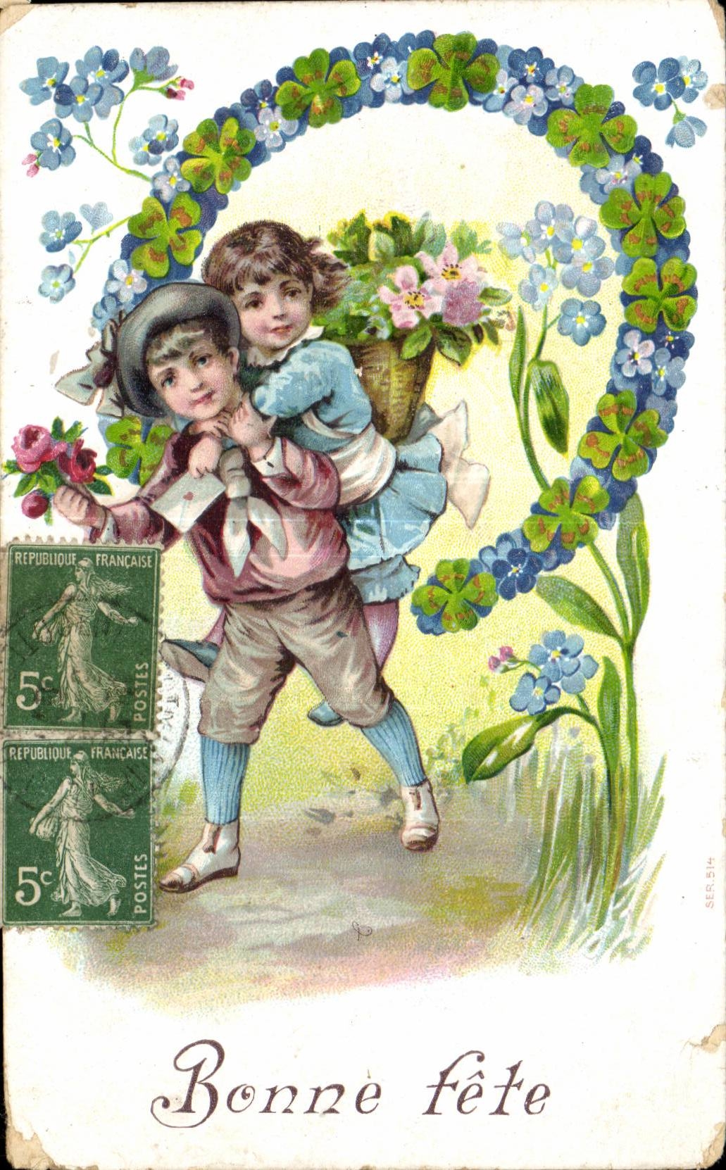 Fantasy - Children - flowers and has piggy back wrinkle - CPA