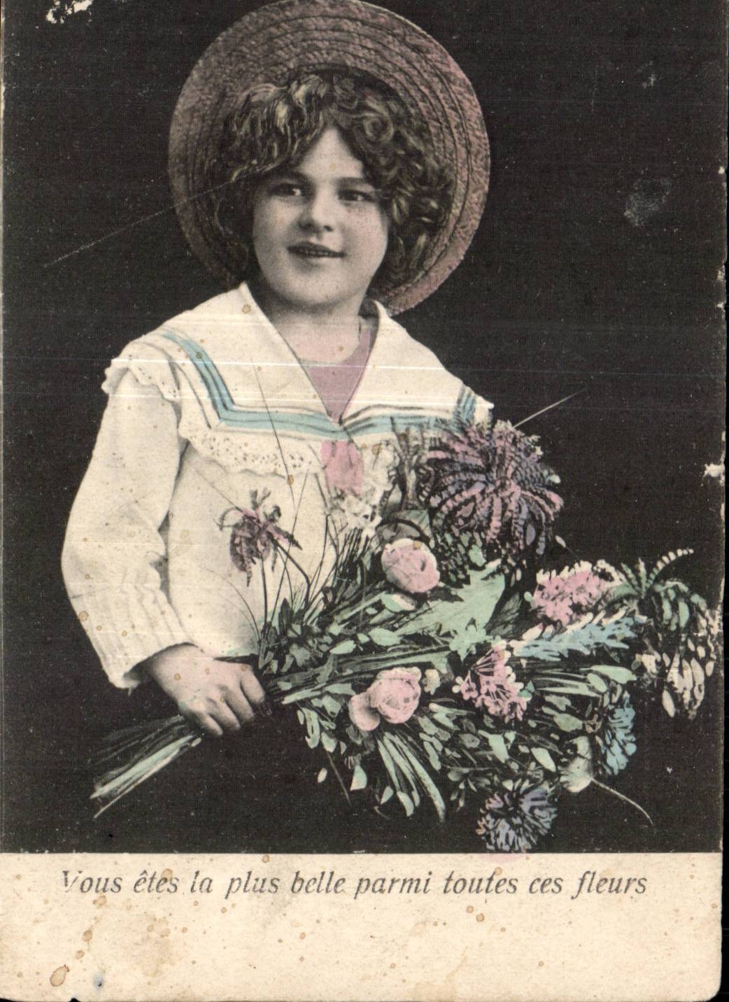 Fantasy - Children - Sailor follows - flowers - straw hat - CPA