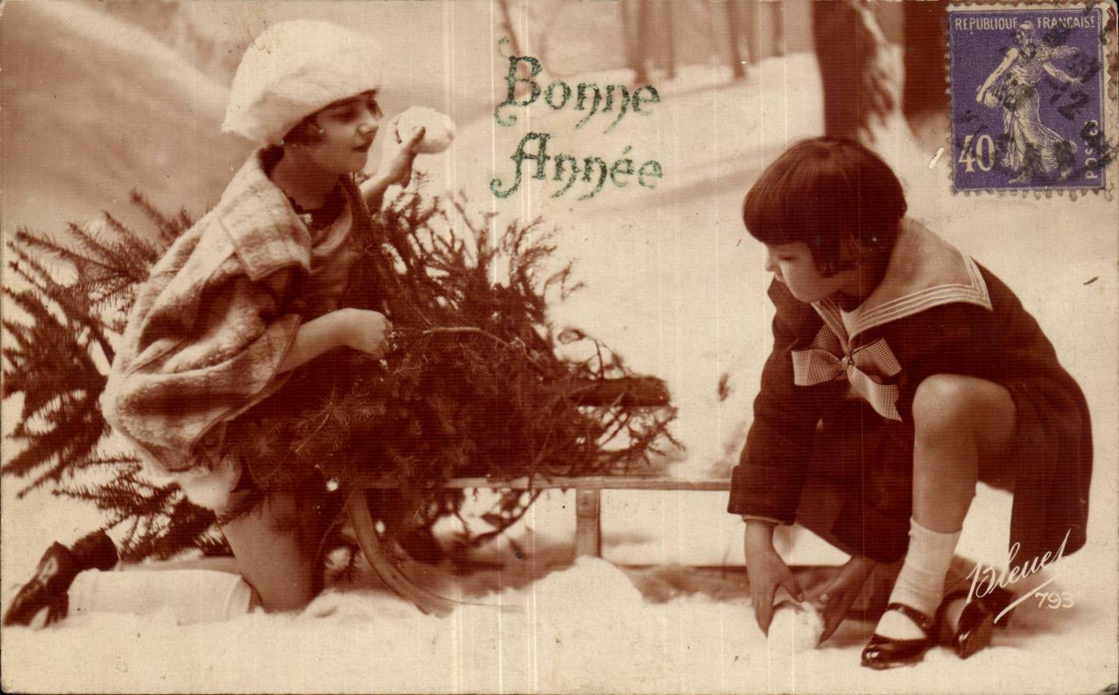 Fantasy - Children - Happy New Year - Snowball Fight - sled - - CPA