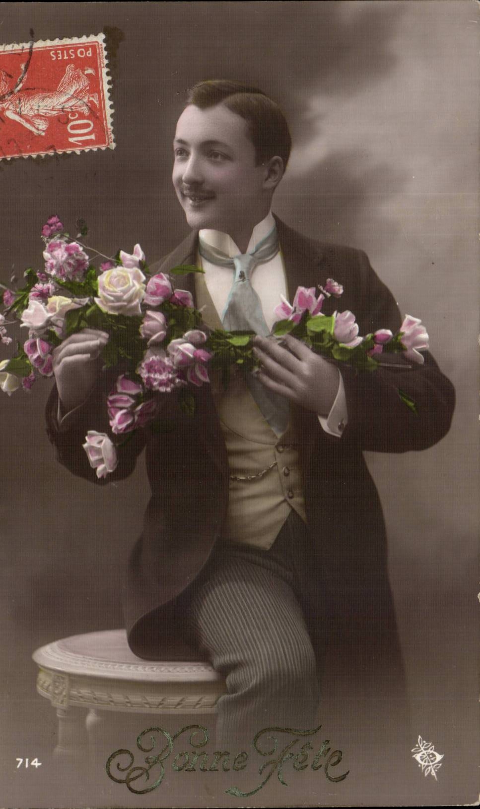 Fantasy - Man - man with flowers CPA