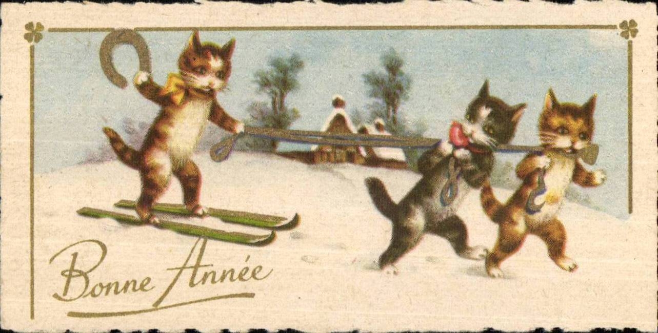 Festivals - Happy New Year - This cat edge ski - 3 cats - cat - horseshoe - horse shoe - CPA