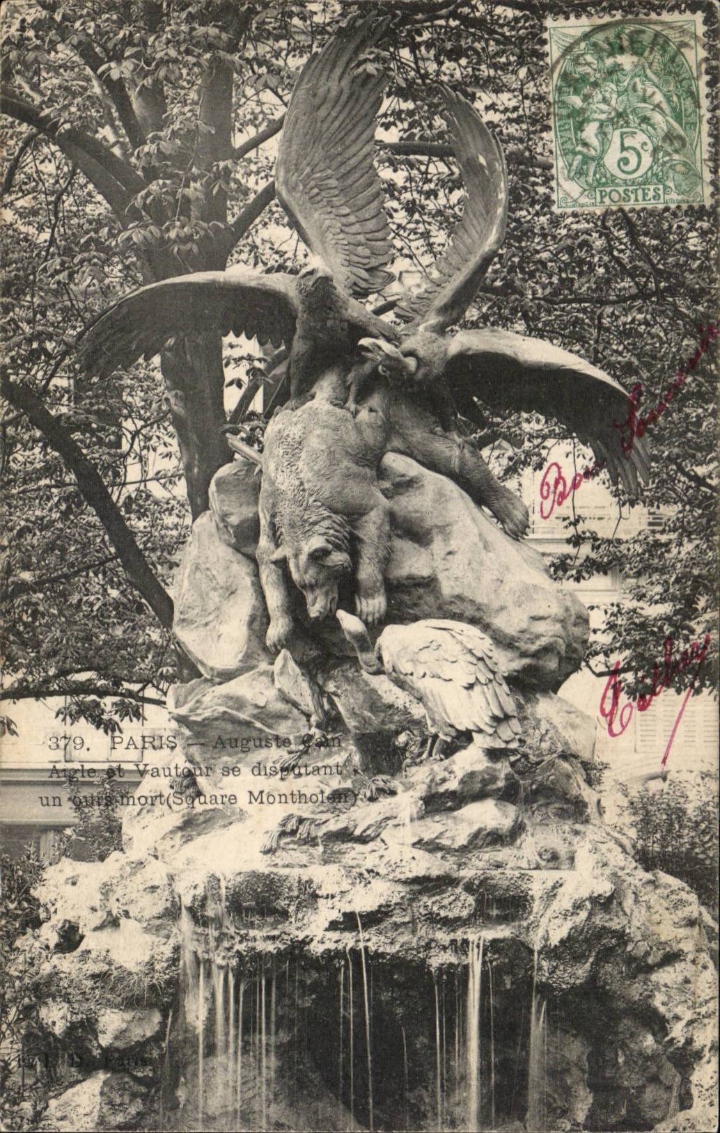 Paris CPA Auguste CAin Aigle et vautour se disputant un ours mort Square Montholen Eagle Bear