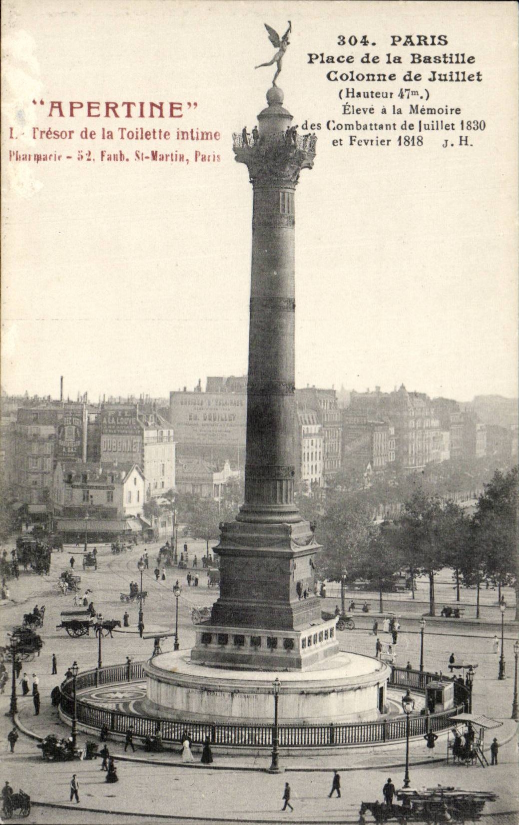 Paris CPA Places Bastille Column of Apertine July