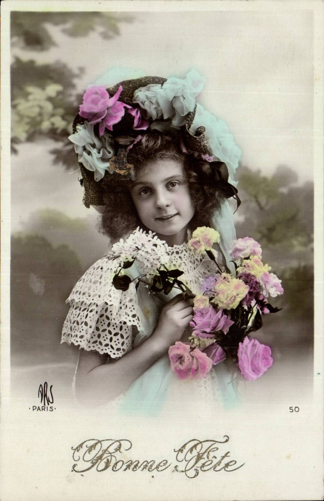 Fantasy - Children - Little girl with flowered hat - CPA