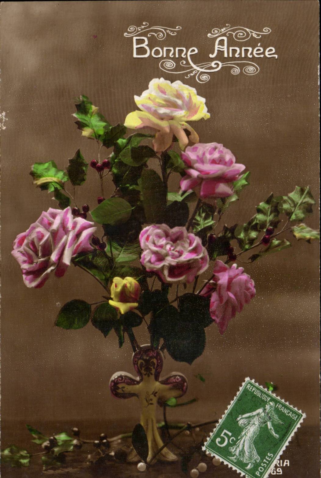 Festivals - Happy New Year - flowers - flowers - CPA