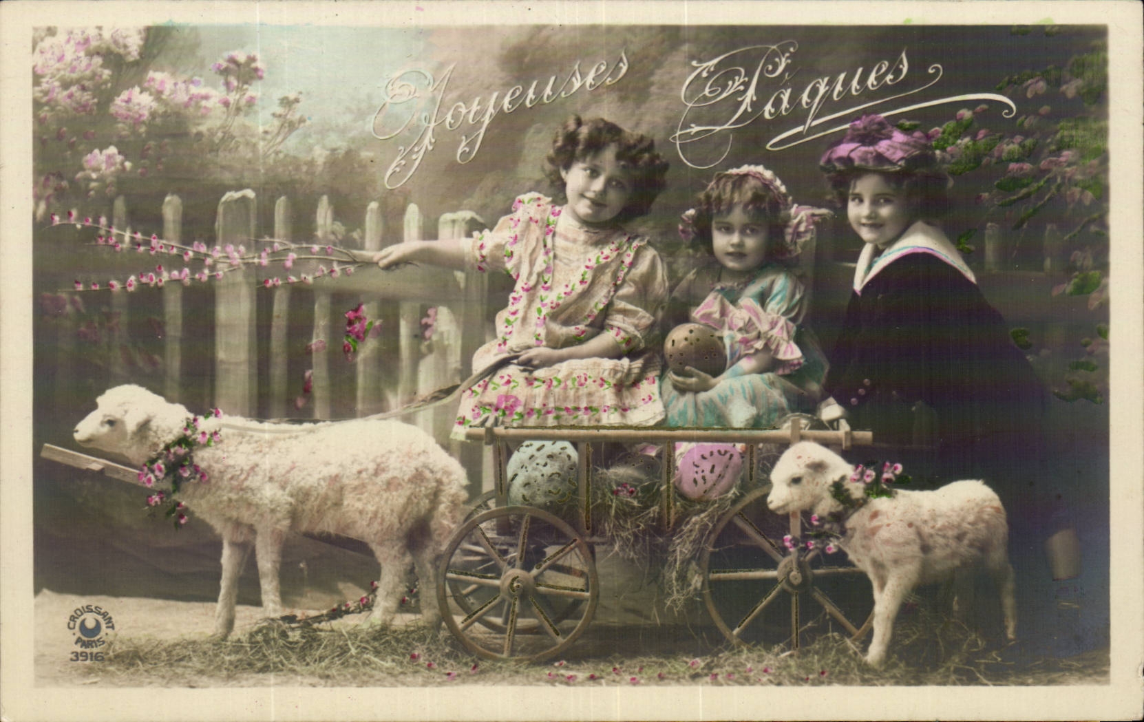 Fets - frohliches Ostern - Schafe - Kinder - Lamm - CPA