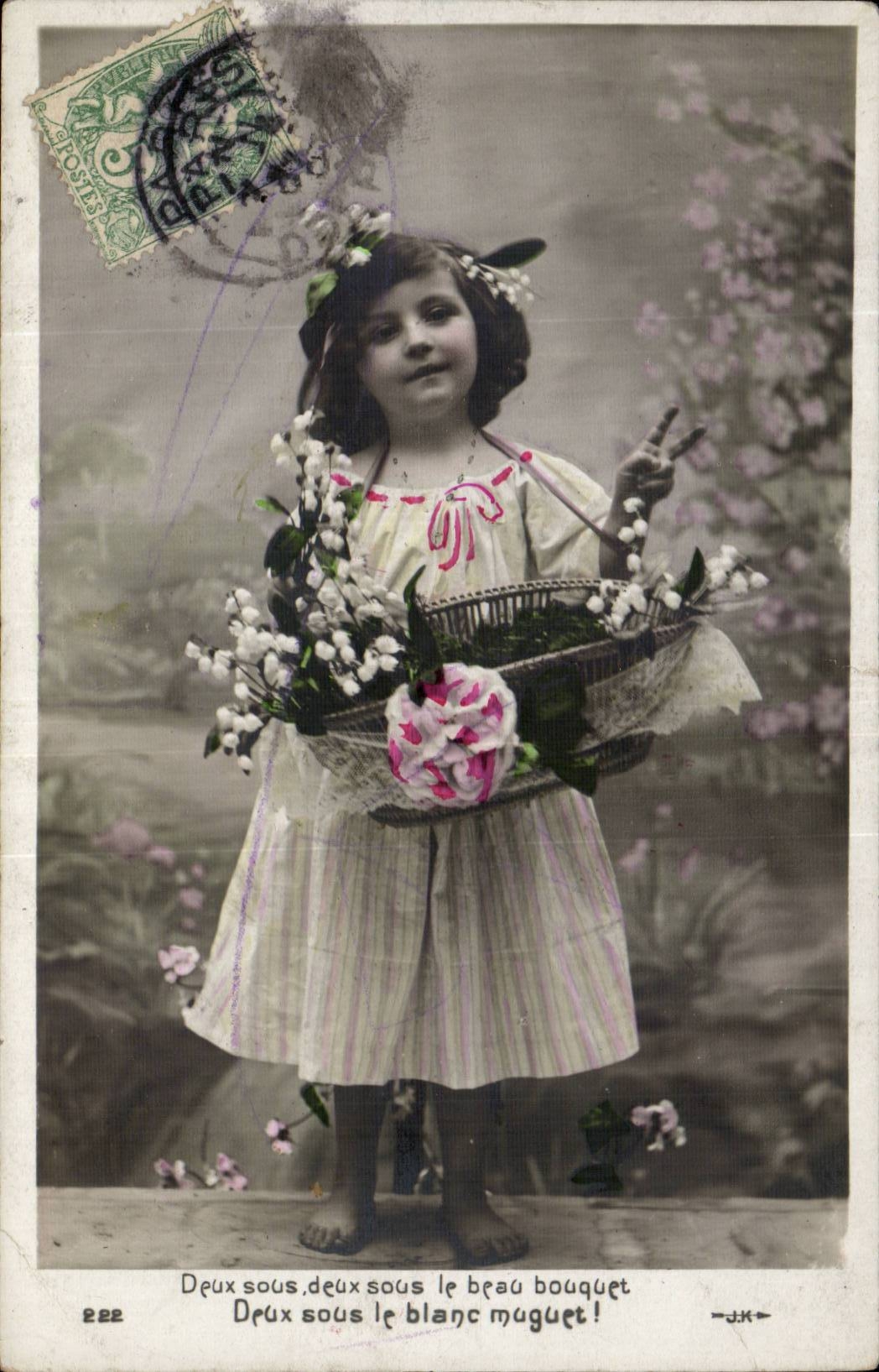 Fantasy - Child - lily of the valley - llittle girl with lilly off the valley in her to hate - CPA