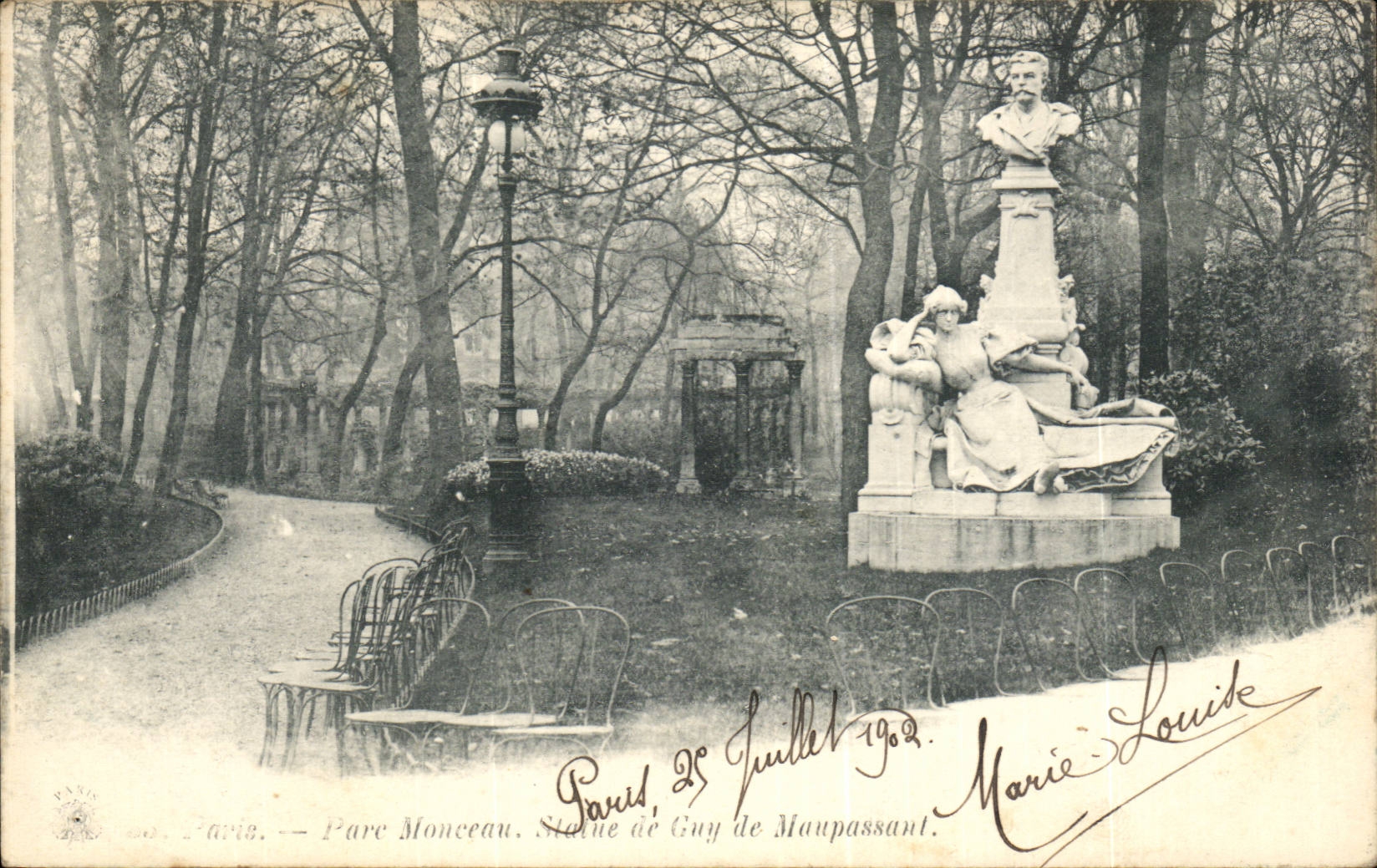 Paris CPA Park Heap Statue of Guy of Maupassant