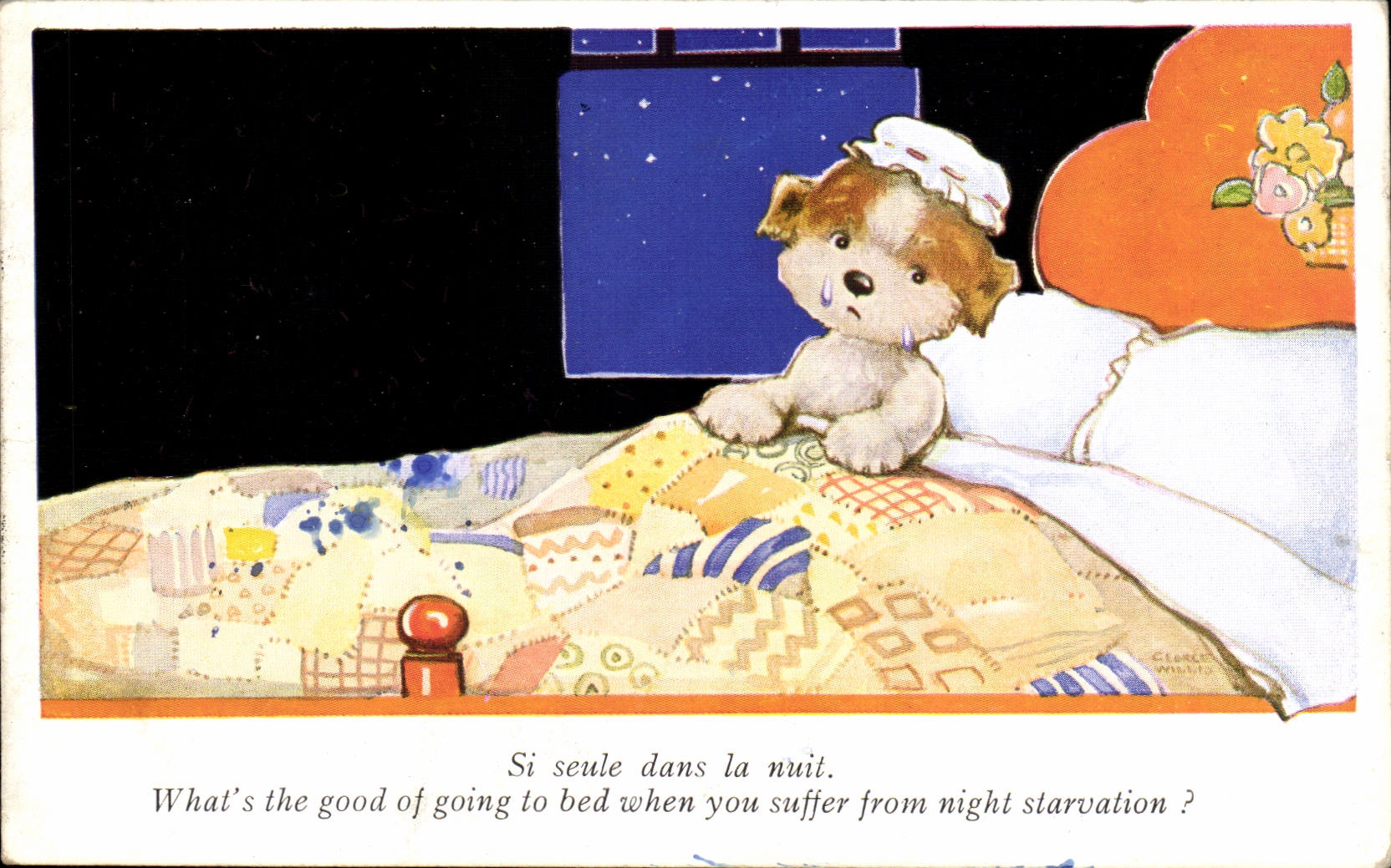 CPA Fantaisie Si seule dans la nuit Chien Chiot