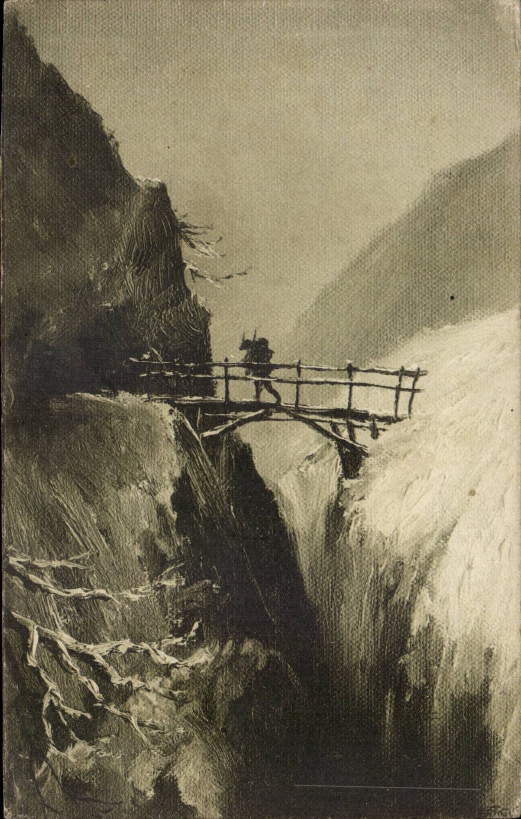 CPA Fantaisie Homme traversant un gouffre