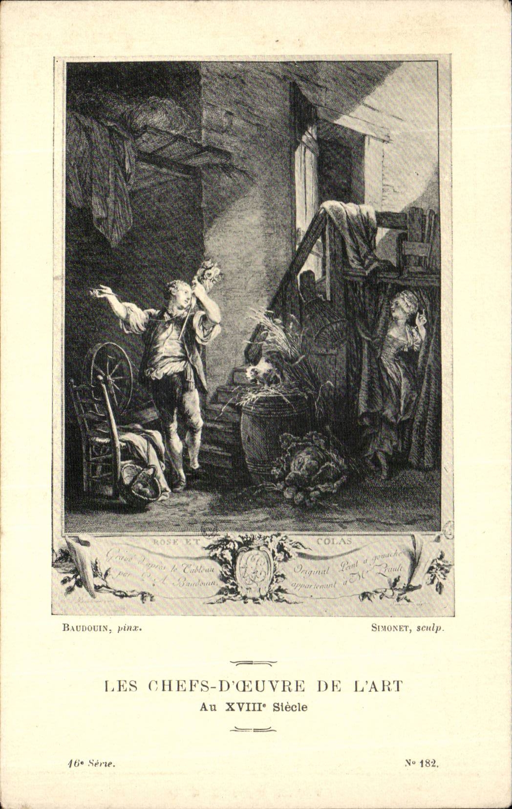 CPA Fantaisie Les chefs d'oeuvre de l'art au 18eme Rose et Colas Baudouin Simonet