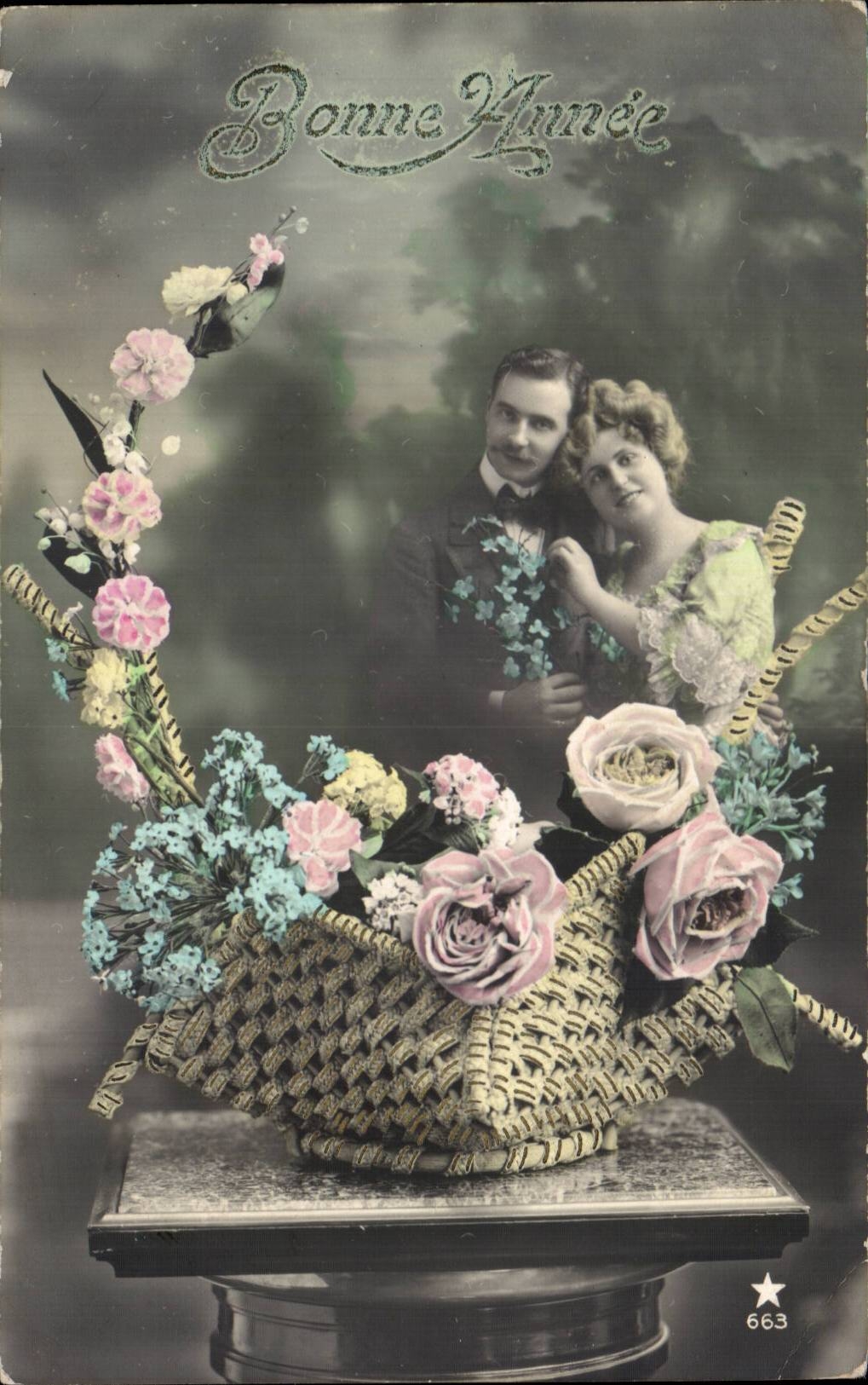 CPA Fantasy Woman Happy New Year basket of flowers