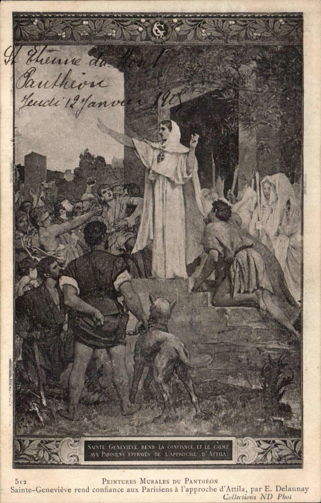 CPA Peintures murales du Pantheon Paris Sainte Genevieve rendant confiance aux Parisiens a l'approche d'Attila Delaunay