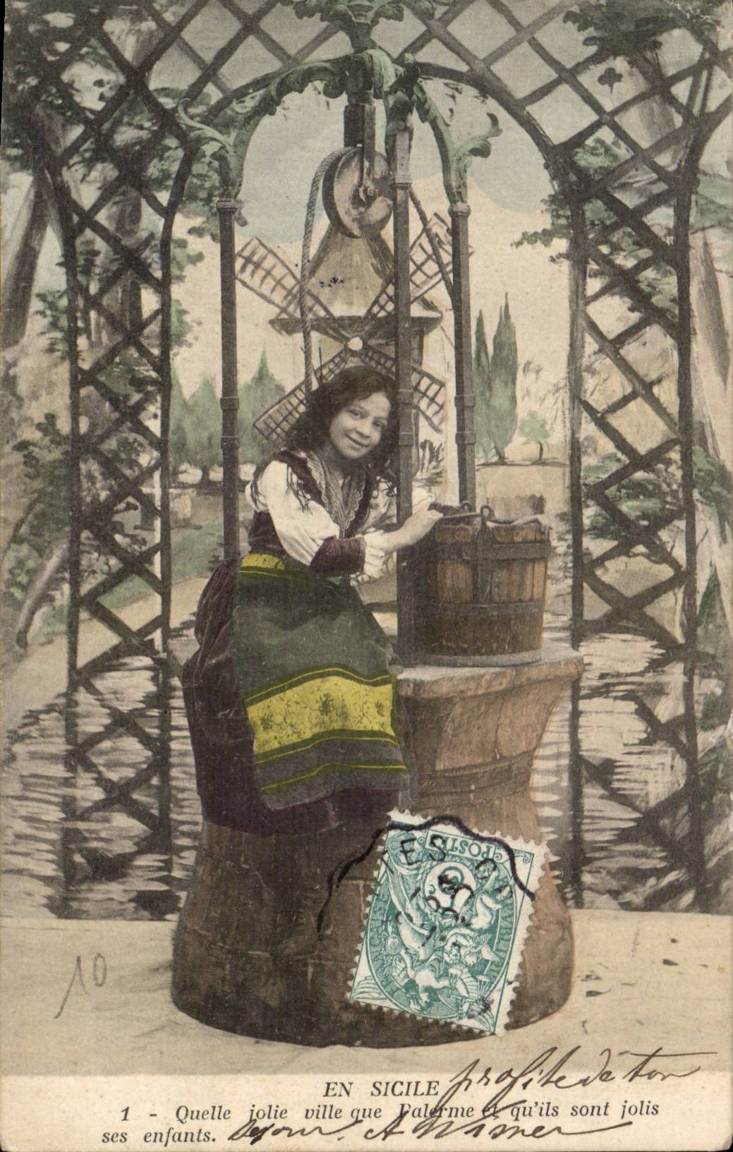 CPA Fantasy Child In Sicily Mill Windmill Sicilia