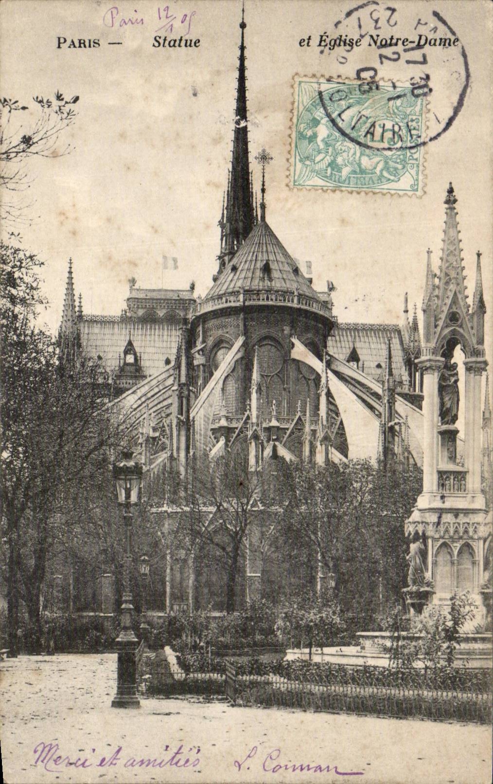 Paris CPA Statue et eglise Notre DAme