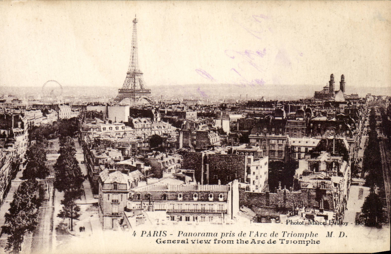 Paris CPA Panorama taken of Arc de Triomphe the Eiffel Tower