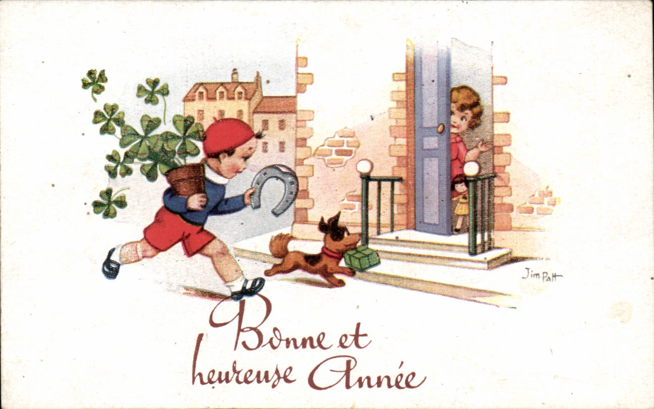 CPA Fantasy Happy New Year Horseshoe dog dog