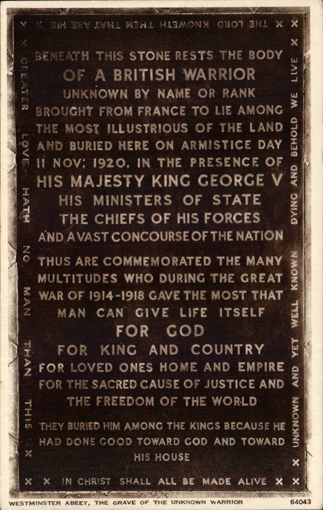 CPA the United Kingdom London london Westminster Abbey The engraves the unknown Warrior off